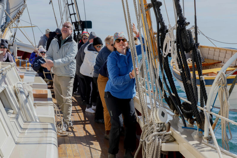 Hoist the sails on a 19th century windjammer. 