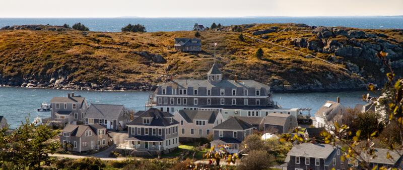 A photo of the Island Inn and Manana island from the Monhegan lighthouse.
