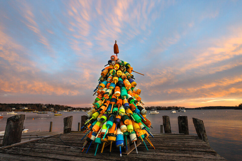 Lobster buoy Christmas tree at Friendship Maine Harbor. 