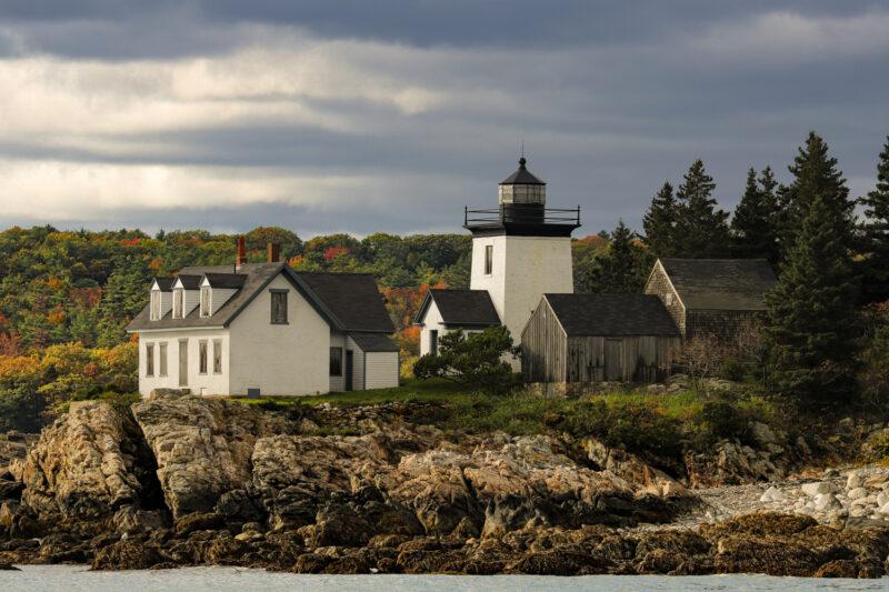 Indian Island Lighthouse at the entrance to Rockport Harbor, Maine.