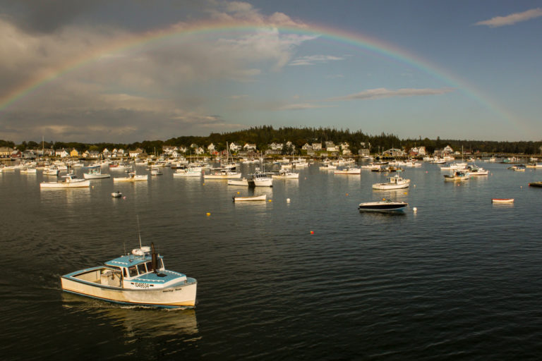 Rainbow over Vinalhaven harbor, Maine.