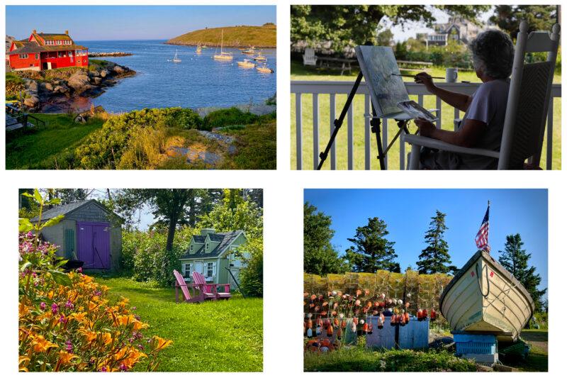 Monhegan Island photography includes scenes from gardens, harbor, lobster traps, and artists. Images by Dee Peppe